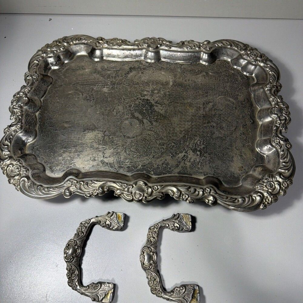 Large Ornate SilverPlate Footed Serving Tray Etched Rectangular Broken Handles